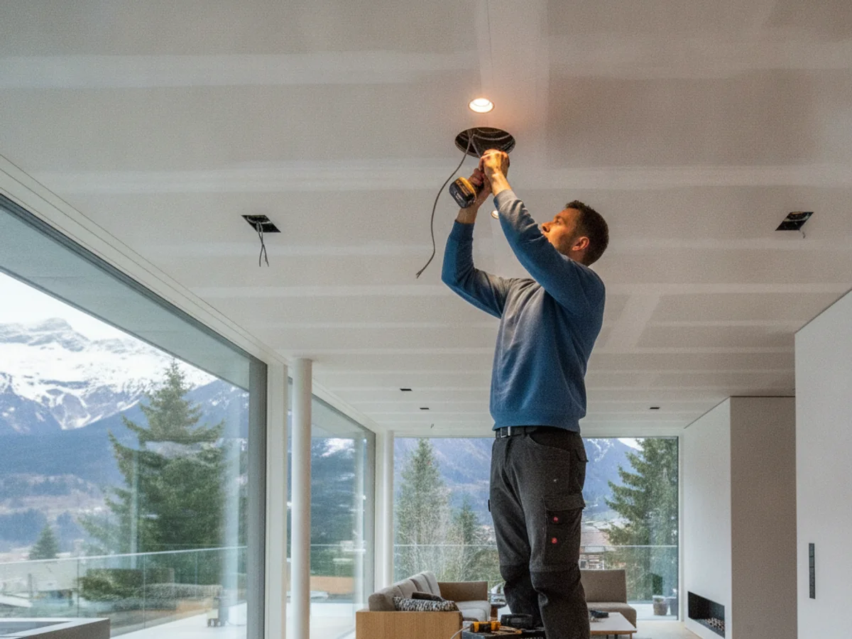 Électricien installant des spots LED dans un plafond à Yverdon-les-Bains
